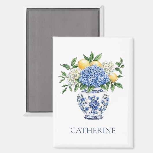 アジサイ付きの青と白のチャイノワリーの花瓶 マグネット (正面/裏面)