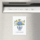 アジサイ付きの青と白のチャイノワリーの花瓶 マグネット (インサイチュ (食洗機))