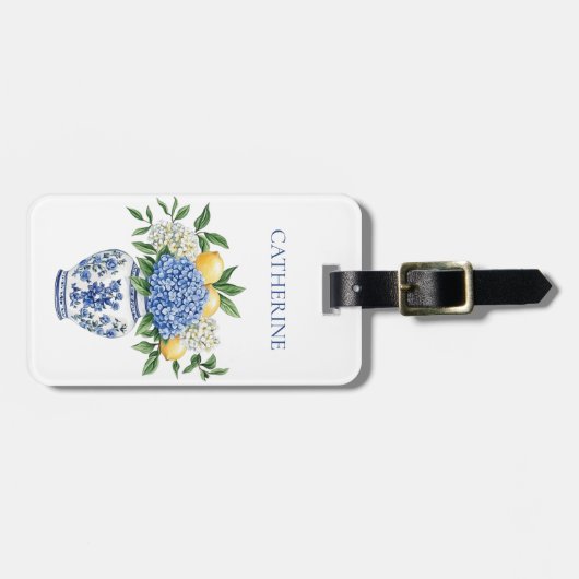 アジサイ付きの青と白のチャイノワリーの花瓶 ラゲッジタグ (正面横)