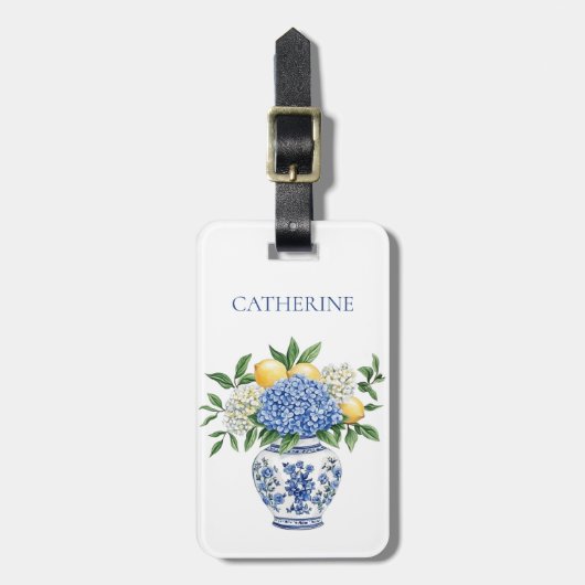 アジサイ付きの青と白のチャイノワリーの花瓶 ラゲッジタグ (正面縦)