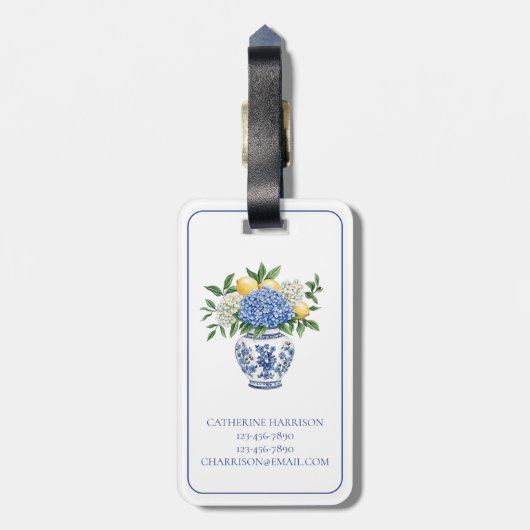 アジサイ付きの青と白のチャイノワリーの花瓶 ラゲッジタグ (裏面縦)