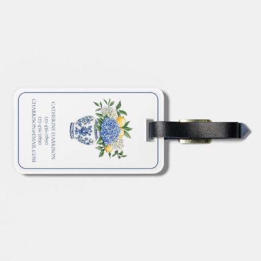 アジサイ付きの青と白のチャイノワリーの花瓶 ラゲッジタグ (裏面横)