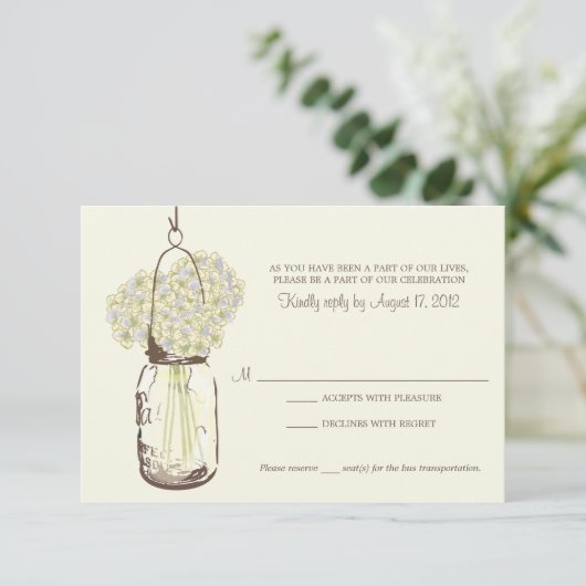 アジサイ及びRSVPを結婚するメーソンジャー 出欠カード (スタンド正面)