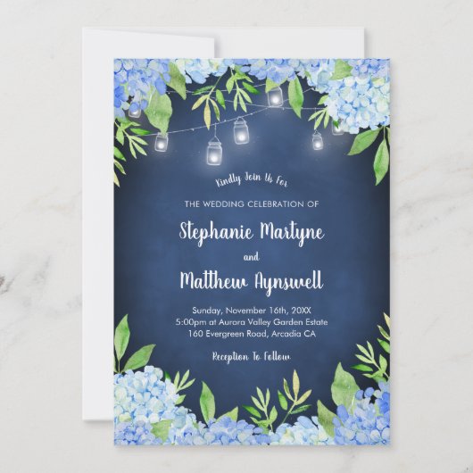 アジサイ緑のネイビーのメイソンジャールライツ結婚ズ 招待状 (正面)