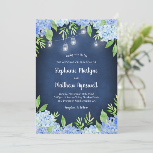 アジサイ緑のネイビーのメイソンジャールライツ結婚ズ 招待状 (スタンド正面)