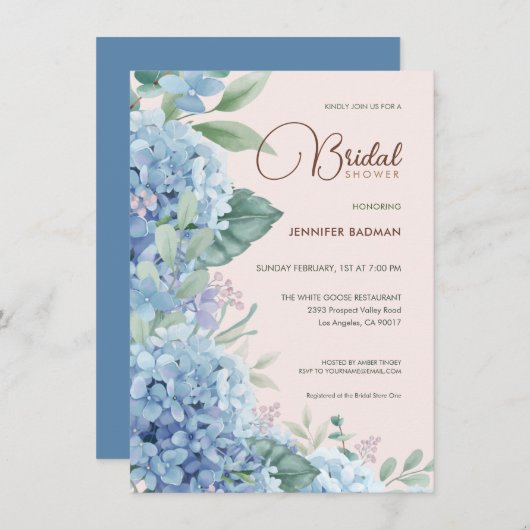 アジサイ赤面ピンクダスティブルーブライダルシャワー 招待状 (正面/裏面)