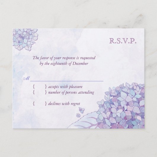 アジサイ開花ウェディングRSVP インビテーションポストカード (正面)