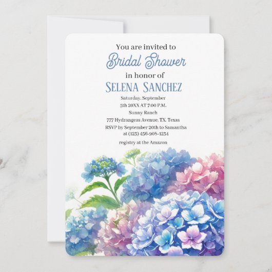 アジサイ青フローラ水彩ブライダルシャワー 招待状 (正面)