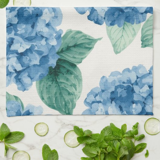 アジサイ ブルース フローラル 水彩画 ボタニカル 花 キッチンタオル (折り畳み)