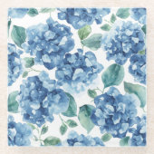 アジサイ ブルース | 水彩の花の開花 フラワーパターン ガラスコースター (正面)