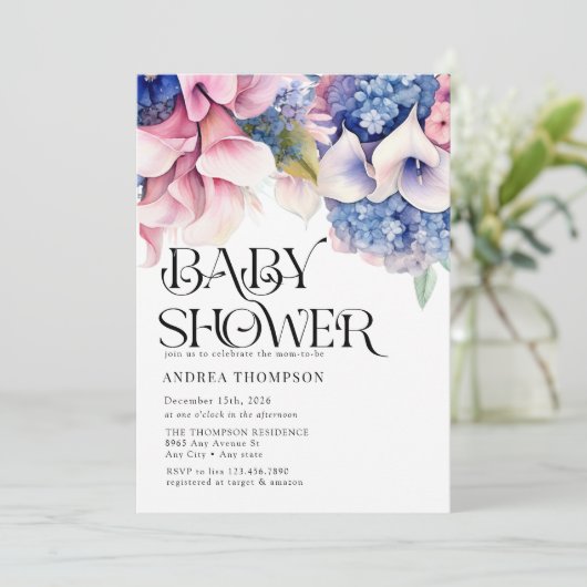 アジサイ |リリーフローラ |水彩赤ちゃんシャワー 招待状 (スタンド正面)