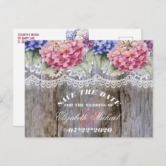 アジサイ・レース&バーンウッドウェディング日付を保存 案内ポストカード (正面/裏面)