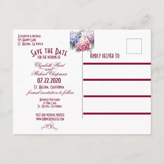 アジサイ・レース&バーンウッドウェディング日付を保存 案内ポストカード (裏面)