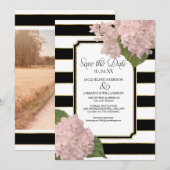 アジサイ Save the Date フォト ワイド ストライプ ゴールド 招待状 (正面/裏面)