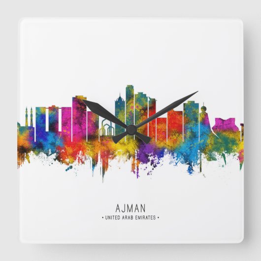 アジュマンのスカイライン UAE スクエア壁時計 (正面)