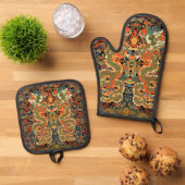 アジ中国のア・ドラゴンカラフルアート 鍋つかみ&鍋敷きセット (トップダウン)