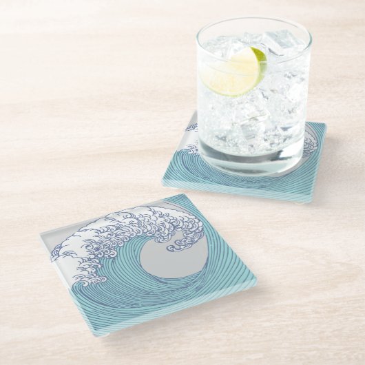 アジ日本のアンサーフウェーブアート海アート ガラスコースター (アングル)