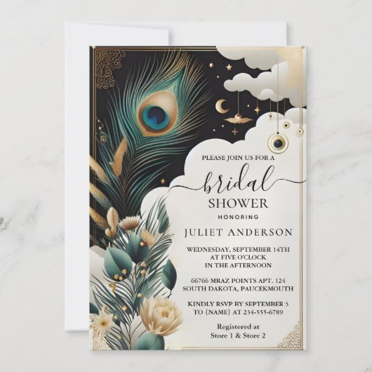 アジ素朴アンスカイクラウドピーコックブライダルシャワー 招待状 (正面)