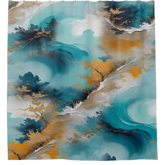 アジ芸術的アの東洋の波と風景 シャワーカーテン (正面)