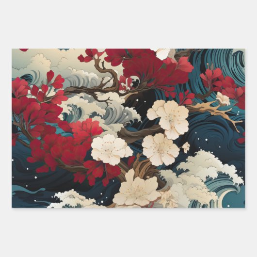 アジ鮮やかアインスパイア花模様&波ギフトラップ ラッピングペーパーシート (正面3)