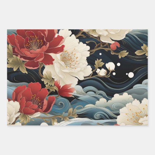 アジ鮮やかアインスパイア花模様&波ギフトラップ ラッピングペーパーシート (正面2)