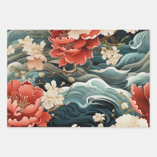 アジ鮮やかアインスパイア花模様&波ギフトラップ ラッピングペーパーシート (正面)