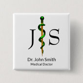 アスクレピウスのハーブグリーンロッド医療金ゴールド 缶バッジ (正面)