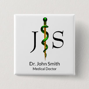 アスクレピウスのハーブグリーンロッド医療金ゴールド 缶バッジ