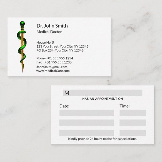アスクレピウスのハーブグリーンロッド金ゴールド医療 予約カード (正面/裏面)