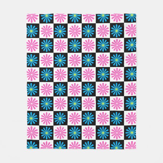 アスター市松模様にピンクブルーフローラ抽象芸術 フリースブランケット (正面)