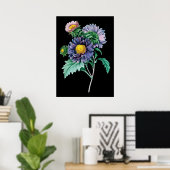 アスター植物黒背景プリント ポスター (ホームオフィス)