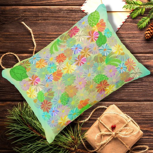 アスター&コーン花と熱帯葉の水彩 アクセントクッション