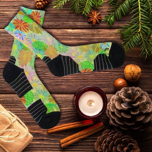 アスター&コーン花と熱帯葉の水彩 ソックス