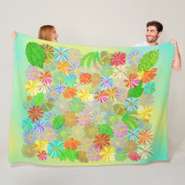 アスター&コーン花と熱帯葉の水彩 フリースブランケット