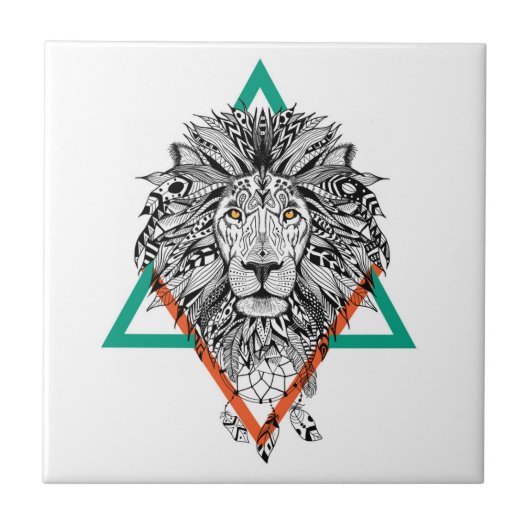 アステカで幾何学的なライオンのポートレート タイル (正面)
