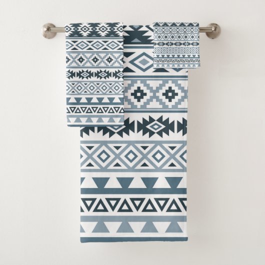 アステカな様式化されたパターン灰色青及び白 バスタオルセット (インサイチュ)