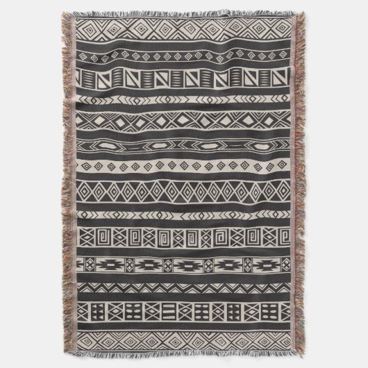 アステカな種族の民族の幾何学的なパターン黒ベージュ色 スローブランケット (正面縦)