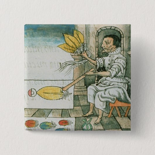 アステカな羽の職人 缶バッジ (正面)