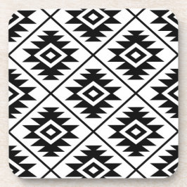 アステカな記号の白の様式化された大きいPtnの黒 コースター