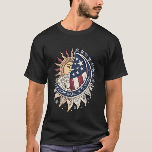 アステカの太陽とアメリカ国旗の星 ― ラテン系の誇り Tシャツ (正面)