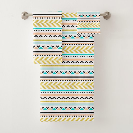 アステカインスパイア金ゴールド青ピンクの幾何学的パターン バスタオルセット (インサイチュ)