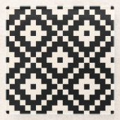 アステカスタイルブロックプリント – ブラック&クリーム ガラスコースター (正面)