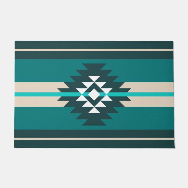 アステカデザインターコイズ ドアマット (正面)