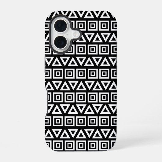 アステカ三角形+正方形パターン白（黒） iPhone 16ケース (裏面)