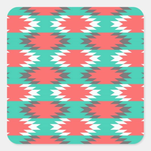 アステカ先住民アメリカターコイズとピンクパターン スクエアシール (正面)