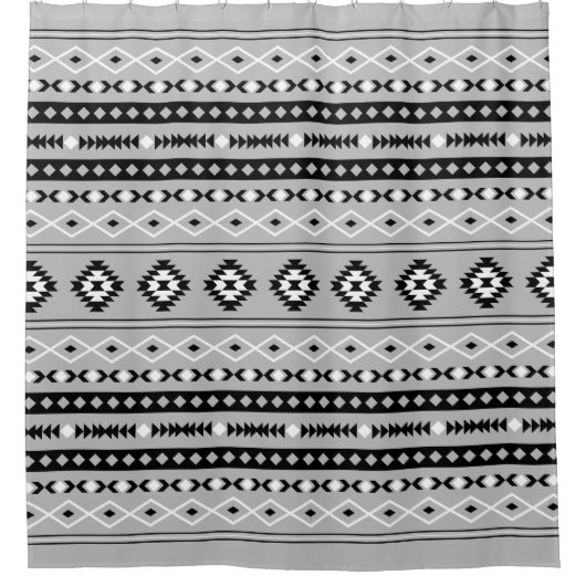 アステカ白黒グレー混合モチーフ模様 シャワーカーテン (正面)