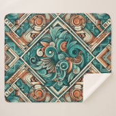 アステカ-インスパイアティール（緑がかった色）とテラコッタ模様 シェルパブランケット (正面(横))