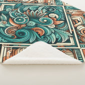 アステカ-インスパイアティール（緑がかった色）とテラコッタ模様 シェルパブランケット (3/4)