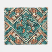 アステカ-インスパイアティール（緑がかった色）とテラコッタ模様 フリースブランケット (正面(横))