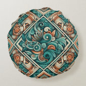 アステカ-インスパイアティール（緑がかった色）とテラコッタ模様 ラウンドクッション (裏面)